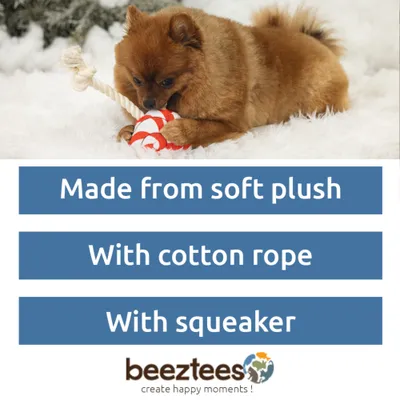 Cane che gioca con un giocattolo in morbido peluche, corda di cotone e funzione squeaker. Testo: Realizzato in morbido peluche, con corda di cotone, con squeaker. Marca: beeztees. Cane che gioca con un giocattolo in morbido peluche, corda di cotone e funzione squeaker. Testo: Realizzato in morbido peluche, con corda di cotone, con squeaker. Marca: beeztees.