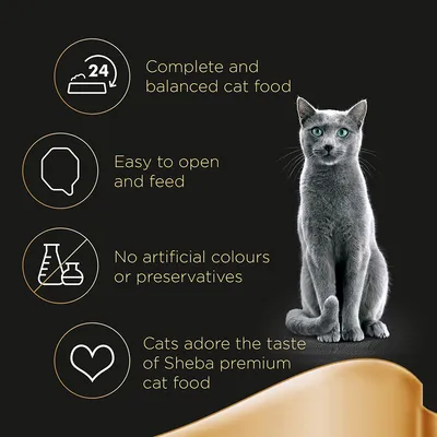 Tekst: Complete and balanced cat food, Easy to open and feed, No artificial colours or preservatives, Cats adore the taste of Sheba premium cat food. Kat og grafiske ikoner vises.