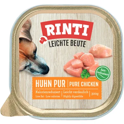 Rinti Leichte Beute Huhn Pur, fett-reduziert, kalorienreduziert, leicht verdaulich, 300g. Verpackung zeigt Hund und frisches Hühnerfleisch.