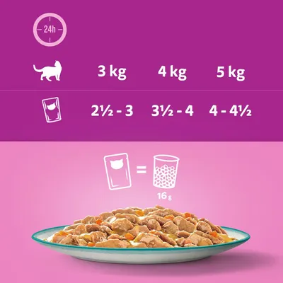 Fütterungsempfehlung für Katzen: 3 kg Körpergewicht, 2½-3 Beutel; 4 kg, 3½-4 Beutel; 5 kg, 4-4½ Beutel. 1 Beutel entspricht 16 g Trockenfutter.