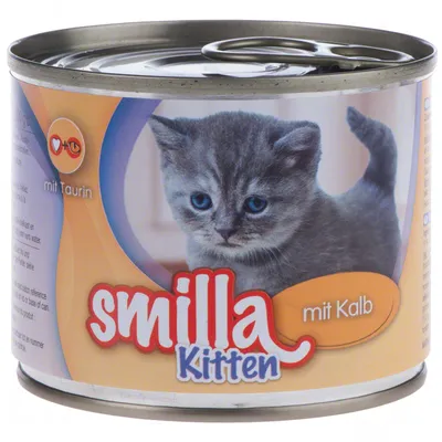 Blik Smilla Kitten natvoer, met afbeelding van een grijze kitten. Tekst op het blik: 'smilla Kitten', 'mit Kalb', 'mit Taurin'.