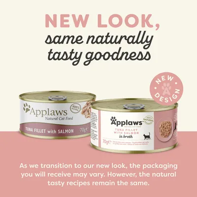 Applaws Natural Cat Food, TUNA FILLET with SALMON 70g, dve konzervy s rôznym dizajnom obalu. Text: NEW LOOK, same naturally tasty goodness, NEW DESIGN. 100% NATURAL.