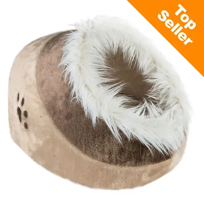 Plush, dome-shaped pet bed with faux fur trim and paw print detail. Orange corner banner reads 'Top Seller'.