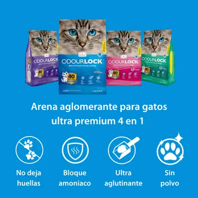 Arena aglomerante para gatos OdourLock, ultra premium 4 en 1. No deja huellas, bloque amoniaco, ultra aglutinante, sin polvo. Visible en envases azul, verde, rosa y morado.