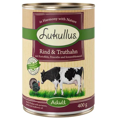 Lukullus Rind & Truthahn, con patate, prezzemolo e olio di girasole. Adult. 400 g. Testo in tedesco e inglese visibile sull'etichetta.
