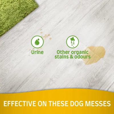 Image shows urine and other organic stains on a floor, with text stating effective on these dog messes, highlighting product use for cleaning such stains and odours.