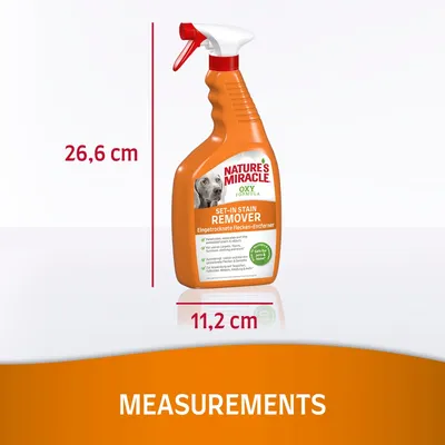 Nature's Miracle Oxy Formula Set-In Stain Remover spray bottle, height 26.6 cm, width 11.2 cm. Label includes German text and a dog image. Orange and white packaging.
