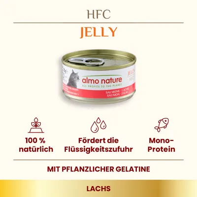 Almo Nature HFC Jelly Lachs. 100% natürlich, fördert die Flüssigkeitszufuhr, Mono-Protein, mit pflanzlicher Gelatine.