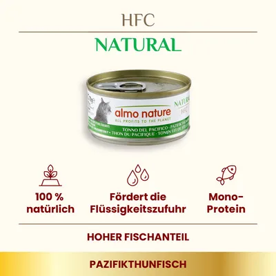Almo Nature HFC Natural Pazifikthunfisch, 100% natürlich, fördert Flüssigkeitszufuhr, Mono-Protein, hoher Fischanteil.