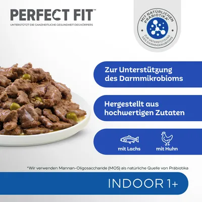 PERFECT FIT kattemad på tallerken. Tekst: Zur Unterstützung des Darmmikrobioms, Hergestellt aus hochwertigen Zutaten, mit Lachs, mit Huhn, INDOOR 1+. Præbiotika-mærke synligt.