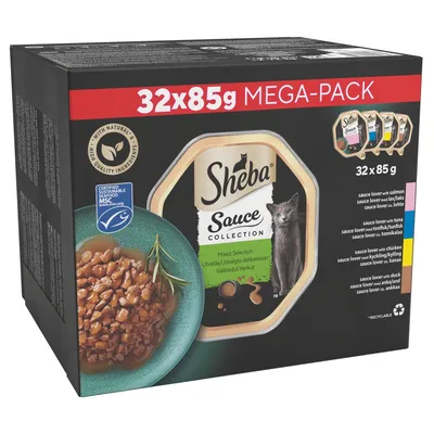 Sheba Sauce Collection mega-pack, 32 x 85g pouches. Mixed selection with salmon, tuna, chicken and duck. Certified sustainable seafood and high quality ingredients shown on packaging.