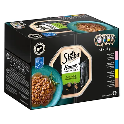 Sheba Sauce Collection Sélection Mixte, 12 x 85 g. Variétés visibles : saumon, thon, poulet, canard. Ingrédients naturels, certification MSC, image de pâtée en sauce et chat gris.