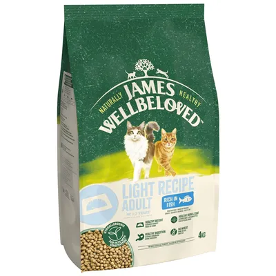 James Wellbeloved Light Recipe Adult, rich in fish, hypoallergenic dry food for pets with sensitivities. Features: healthy weight, healthy digestion, healthy skin and coat, no wheat. 4kg.