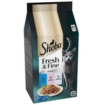 Sheba Fresh & Fine in Jelly, 6 x 50g pouches with 2 tuna, 2 salmon, and 2 whitefish. Image shows product packaging and a plate of food.