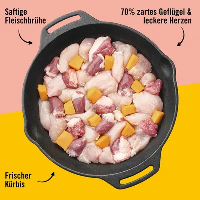 Tigaie neagră cu 70% carne fragedă de pasăre, inimi delicioase, dovleac proaspăt și supă de carne suculentă. Ingredientele sunt vizibile în tigaie.