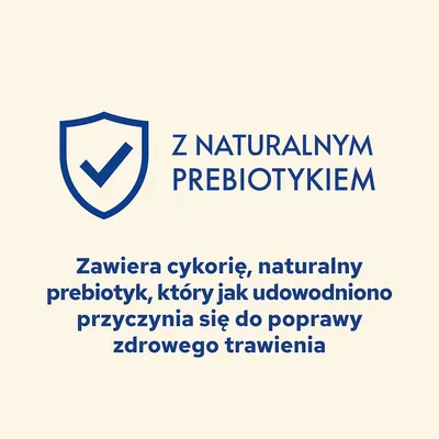 Z NATURALNYM PREBIOTYKIEM. Zawiera cykorię, naturalny prebiotyk, który jak udowodniono przyczynia się do poprawy zdrowego trawienia.