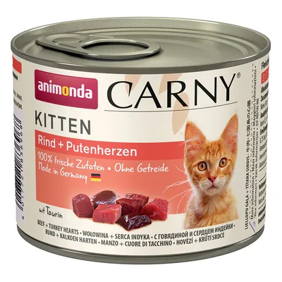 Boîte Animonda Carny Kitten Rind + Putenherzen, 100 % fraîches Zutaten, sans céréales, made in Germany, avec morceaux de viande visibles et texte multilingue en bas.