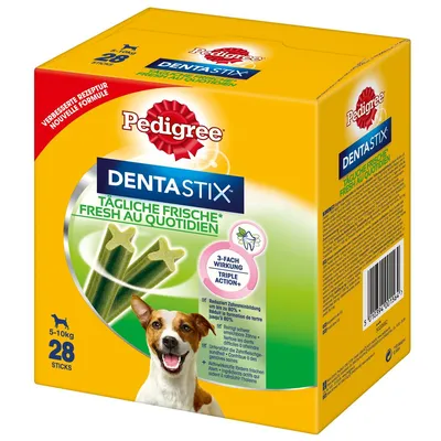 Pedigree Dentastix, frescura diária, 28 sticks para cães de 5-10kg. Reduz formação de tártaro, efeito triplo. Receita melhorada.