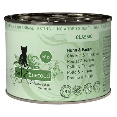 Catz finefood Classic Nr. 15, csirke és fácán, gabonamentes, hozzáadott cukor nélkül, állatkísérlet-mentes, 93% hús és főzőlé.