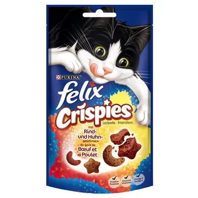 Confezione di snack per gatti Purina Felix Crispies, visibili scritte: 'mit Rind- und Huhn-Geschmack', 'Proteine', 'Vitamine', 'Omega 6', immagini di croccantini a forma di stella e luna.