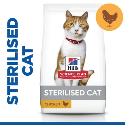 Sterilised cat food with chicken, Hill's Science Plan branding, and a chicken icon shown on packaging.