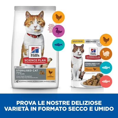 Hill's Science Plan Sterilised Cat Adult con pollo, confezioni di crocchette e bocconcini in salsa per gatti sterilizzati. Testo: Prova le nostre deliziose varietà in formato secco e umido.