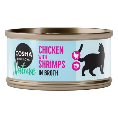 Boîte Cosma Pure Love Nature, texte visible : Chicken with Shrimps in Broth, illustration de chat, icônes poulet et crevettes. Étiquette bleu clair.
