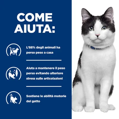 Come aiuta: l'88% degli animali ha perso peso a casa, aiuta a mantenere il peso perso e sostiene le capacità motorie del gatto.