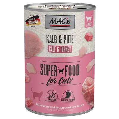 MAC's Super Food for Cats, vitello e tacchino, Made in Germany, alimento completo per gatti adulti, senza cereali, alto contenuto di carne.