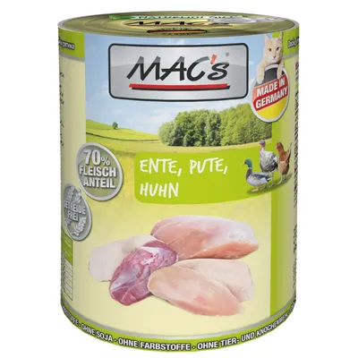 MAC's natvoer blik met zichtbare tekst: 70% Fleischanteil, getreidefrei, Made in Germany, Ente, Pute, Huhn. Afbeeldingen van eend, kalkoen, kip en rauw vlees.