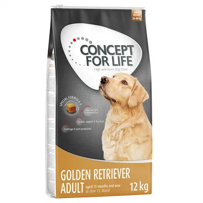 Concept for Life Golden Retriever Adult, koiranruoka yli 15 kuukauden ikäisille koirille, 12 kg. Erityiskoostumus: painonhallinta, sydämen toiminta, nivelten suojaus.