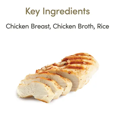 Key Ingredients: Chicken Breast, Chicken Broth, Rice. Teksten er på engelsk. Billede af skiver af grillet kyllingebryst.