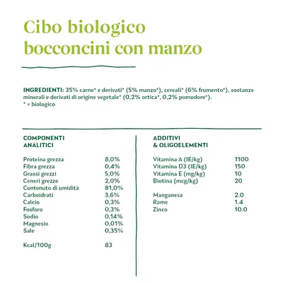 Cibo biologico bocconcini con manzo. Ingredienti: 35% carne e derivati (5% manzo), cereali (6% frumento), ortica, pomodori. Proteina grezza 8%, grassi 5%, umidità 81%. Kcal/100g: 83.