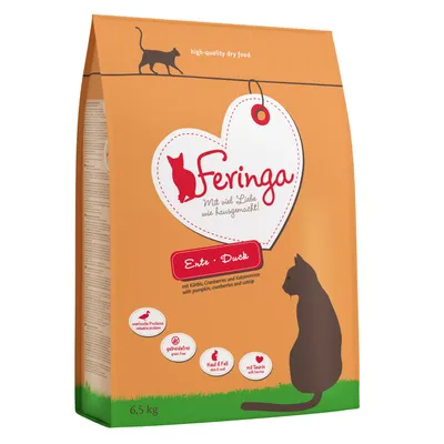 Feringa croquettes pour chats, saveur canard avec potiron, canneberges et cataire. Propriétés : protéines précieuses, sans céréales, peau et pelage, avec taurine. 6,5 kg.