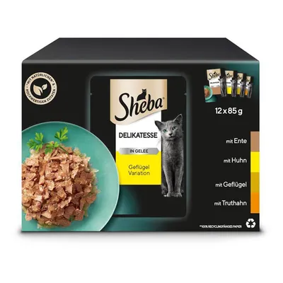 Sheba Delikatesse in Gelee Geflügel Variation, 12 x 85 g. Príchute: kačica, kurča, hydina, moriak. S prírodnými ingredienciami. Na obale obrázok mačky a misky s krmivom.