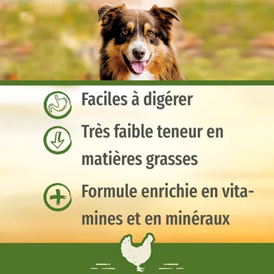 Faciles à digérer, très faible teneur en matières grasses, formule enrichie en vitamines et en minéraux