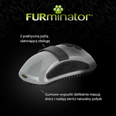 FURminator z praktyczną pętlą ułatwiającą obsługę, gumowe wypustki delikatnie masują skórę i nadają sierści naturalny połysk
