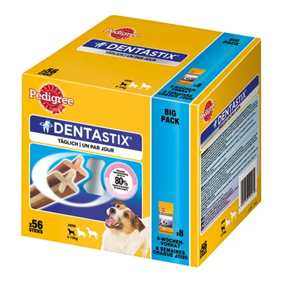 Pedigree Dentastix Big Pack, 56 sticks, mini voor honden 5–10 kg. Dagelijks gebruik. Verpakking toont hond en claim: vermindert tandsteen tot 80%.
