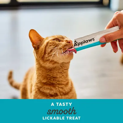 Applaws Smooth Lickable Treat -herkkua kissa nuolee suoraan tuubista. Teksti: Maukas, sileä nuoltava herkku. Applaws Smooth Lickable Treat -herkkua kissa nuolee suoraan tuubista. Teksti: Maukas, sileä nuoltava herkku.