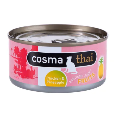 Puszka Cosma Thai Chicken & Pineapple, napis 'EXOTISCH LEICHT FRUITS', grafika ananasa i kota na etykiecie. Widoczny metalowy materiał opakowania.