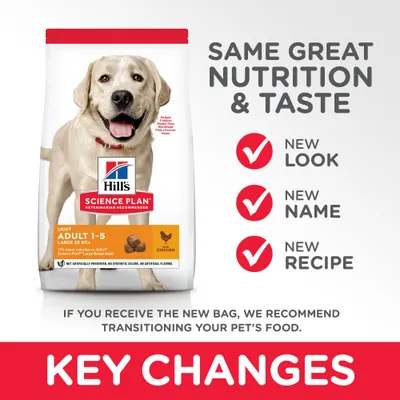Hill's Science Plan Adult 1–5 Large 25 kg+ Light Chicken -koiranruokapakkaus. Teksti: Same great nutrition & taste, new look, new name, new recipe, key changes.