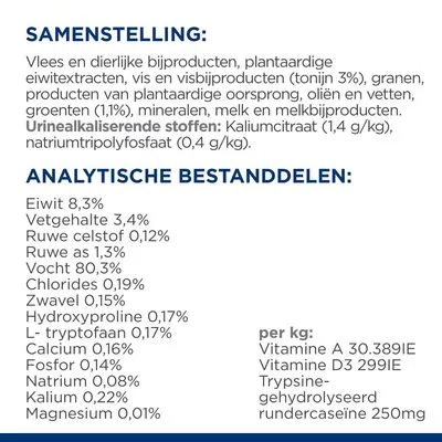 Samenstelling: vlees, dierlijke bijproducten, tonijn 3%, granen, oliën, groenten, mineralen. Analytische bestanddelen: eiwit 8,3%, vet 3,4%, vocht 80,3%. Vitamine A 30.389IE, D3 299IE.