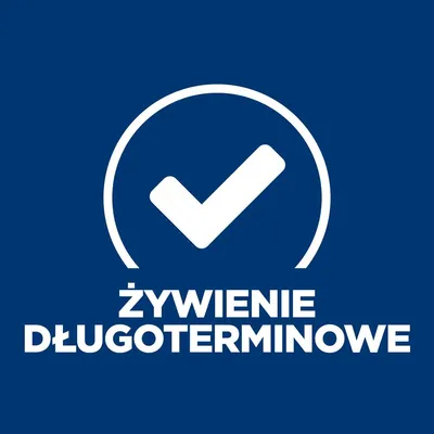 ŻYWIENIE DŁUGOTERMINOWE – tekst na niebieskim tle z białym symbolem ptaszka w okręgu powyżej napisu. Informacja o długoterminowym żywieniu.