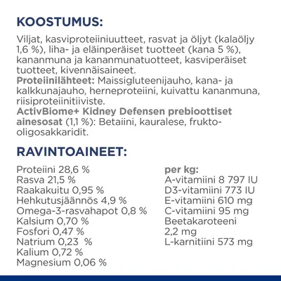 Koostumus: viljat, kasviproteiiniuute, rasvat ja öljyt, kana 5 %, kananmunatuotteet, kivennäisaineet. Ravintoaineet: proteiini 28,6 %, rasva 21,5 %, omega-3 0,8 %, vitamiinit ja mineraalit.