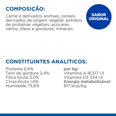 Composição: carne e derivados animais, cereais, vegetais, açúcares, óleos, minerais. Proteína 6,6 %, gordura 2,4 %, fibra 3 %, cinza 1,6 %, humidade 75,6 %. Sabor original.