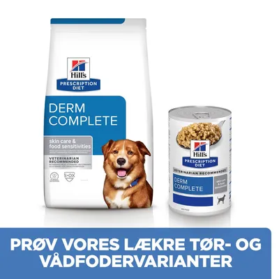 Hill's Prescription Diet Derm Complete tør- og vådfoder til hund, tekst: skin care & food sensitivities, veterinarian recommended. Prøv vores lækre tør- og vådfodervarianter.