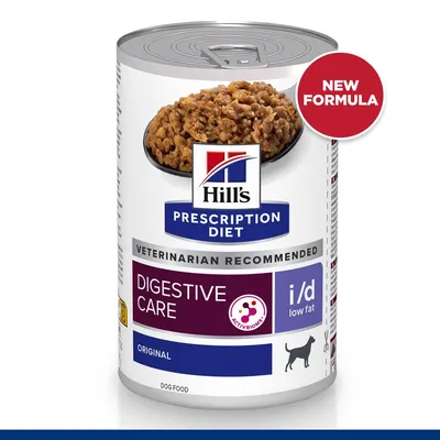 Hill's Prescription Diet Digestive Care i/d low fat kutyaeledel konzerv, új formula, Original, ACTIVBIOME felirattal, kutya sziluettel a címkén.