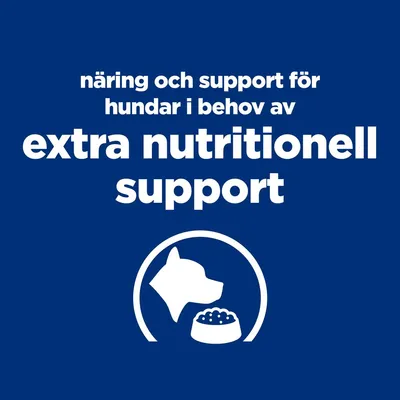 näring och support för hundar i behov av extra nutritionell support. Bild på hundhuvud och matskål.