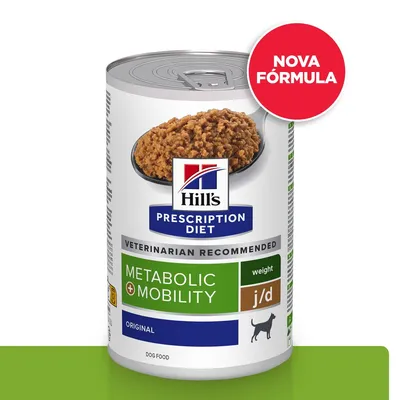 Hill's Prescription Diet Metabolic + Mobility weight j/d Original, comida húmida para cães. Texto visível: NOVA FÓRMULA, VETERINARIAN RECOMMENDED.