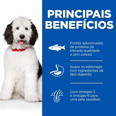 Principais benefícios: fontes selecionadas de proteína de elevada qualidade e sem cereais; suave no estômago com ingredientes de fácil digestão; com ómegas-3 e ómegas-6 para uma pele saudável.